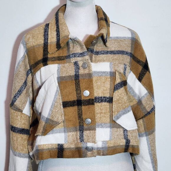 HYFVE Brown Plaid Cropped Jacket NWOT Size Large Brown Plaid Jacket - Picture 2 of 11
